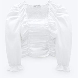 Zara White Poplin Ruched Smocked Balloon Sleeve Crop Top